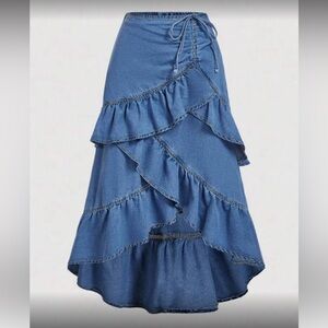Blue Ruffle Denim Maxi Skirt